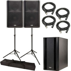 QSC K12 PA Speaker Pair & QSC KSub Subwoofer w/ Speaker Stands & Cables
