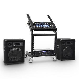 SET EQUIPO DJ MESA DE MEZCLAS AMPLIFICADOR ALTAVOZ SOPORTE PORTATIL CABLES RCA