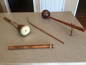 VINTAGE BAMBOO HANDMADE VIOLIN FIDDLE INSTRUMENTS STRING DRUM FLUTE SET ESTATE