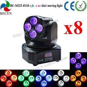 8pcs remote control 4x18W rgbwa uv 6 in 1 mini led beam moving head wash light