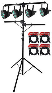 (4) American DJ Mega QPlus Go Battery Powered Par Lights+Tree Stand+Cables