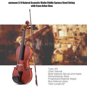 3/4 Size Acoustic Violin Fiddle Spruce with Case Arbor Bow for Beginners E5J5