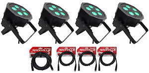 (4) American DJ Mega QPlus Go Battery Powered RGB Par Lights w/UV+(4) DMX Cables