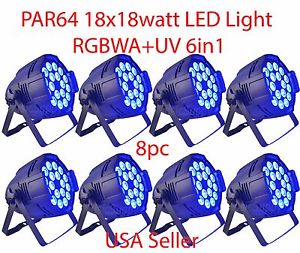 LOT DJ PAR 64 18x18w LED LIGHT RGBWA+UV 6 COLOR DMX512 STAGE PARTY SHOW 8 PCS