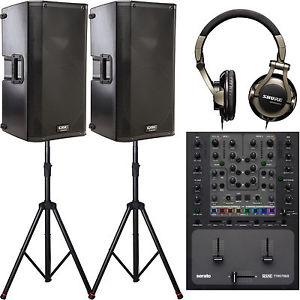 2x QSC K12 Powered Speakers, Rane TTM57 MKII Serato DJ Mixer + Shure Headphones