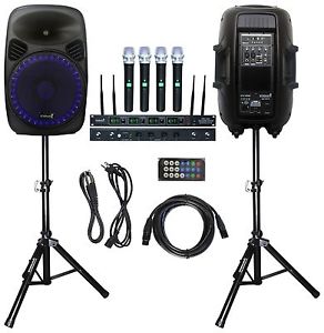 STARAUDIO 2Pcs 15" 2500W DJ PA Powered Active Speakers W/ Stands  UHF 4CH  Mic
