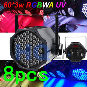 8PCS STAGE 60x3w DMX512 led par can RGBWA UV disco lighting With power in+out