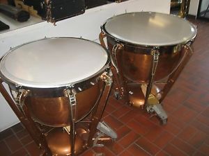 EXTRA-CLEAN SET OF TWO LUDWIG "DRESDEN" COPPER TIMPANI, NEW HEADS, NEW GAUGES