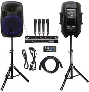 STARAUDIO 2Pcs 15" 2500W DJ PA Powered Active Speakers W/ Stands  4CH VHF Mic