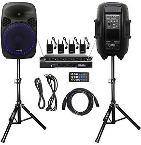 STARAUDIO 2Pcs 15" 2500W DJ PA Powered Active Speakers W/ Stands  4CH VHF Mic