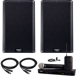 2x QSC K10.2 Active Speakers with Shure BLX1288/CVL Wireless Mic System & Cables