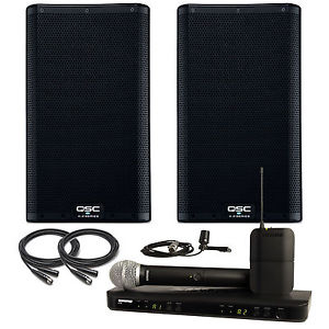 2x QSC K8.2 Powered Speakers with Shure BLX1288/CVL-H10 Dual Wireless Mic System