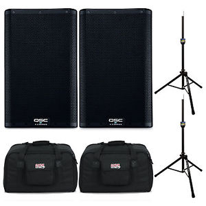 2x QSC K8.2 2000W 8" Powered Speakers with Speaker Stands and Totes