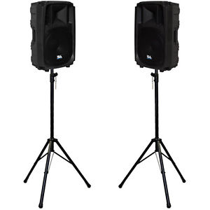Pair of Molded Powered 15" 2-Way PA Loudspeakers with two Tripod Speaker Stands