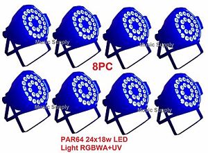 LOT DJ PAR 64 24x18w LED LIGHTS RGBWA+UV 6 COLOR DMX512 STAGE PARTY SHOW 8PC