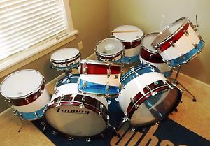 1970s LUDWIG VISTALITE 8pc DRUM KIT w/ SNARE - RED WHITE BLUE SWIRL PATTERN D