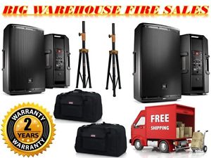 2) JBL EON615 1000-W 2-Way Powered Speaker System + Gator Bags + Stands