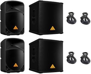2 Behringer B110D Speakers + 2 Behringer B1200D 12" 500W Subwoofer & FREE CABLES