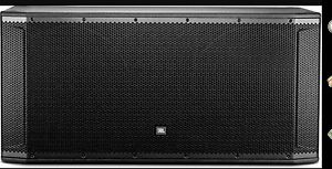 1 x JBL SRX 828P bass speaker with cover and wheels.