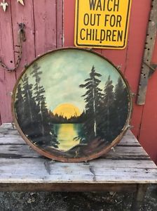 1930s Ludwig PAINTED SCENE FACTORY CALF SKIN BASS DRUM Head Rare Vtg Wood Lake