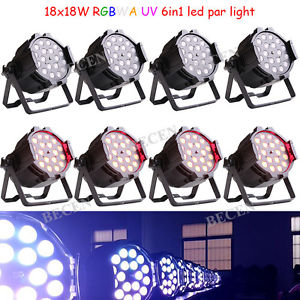 8pcs 18x18w par rgbwa uv 6in1 led zoom par can light 10-60 degree led par light