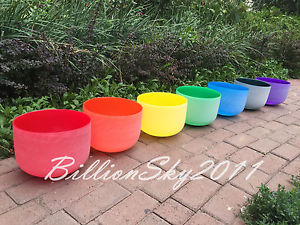 Chakra Tuned Set of 7 Frosted Colored Quartz Crystal Singing Bowls --all 10 inch