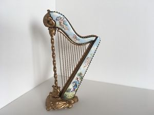 19th C.Vienna Enamel & Bronze Antique Miniature Harp