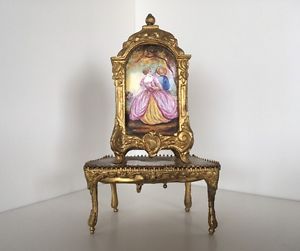 19th C.Vienna Enamel & Bronze Antique Miniature Chest on Stand & Music Box