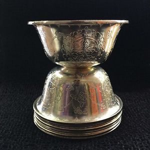 TRADITIONAL SET OF 7 STERLING SILVER TIBETAN BUDDHIST RITUAL OFFERING BOWLS 925
