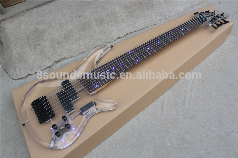 free shipping 7 string led light electric bass active acrylic bass TRANSPARENT BASS