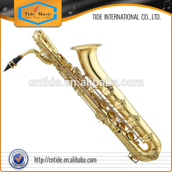 High grade baritone saxophone, gold lacquer, with carrying wheel hard leather case