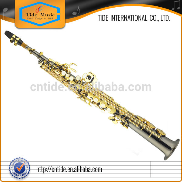Popular Grade Straight Soprano Saxophone Black Nickel Plate body Gold lacquer keys