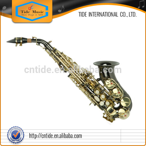 Popular Grade Curved Soprano Saxophone Black Nickel Plate Body Gold Lacquer Keys