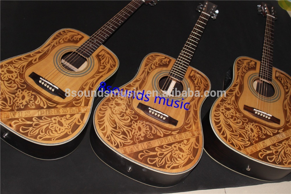 free shipping AAA quality wholesale high end 41" solid spruce top elvis acoustic guitar OEM hand carve acoustic electric guitar