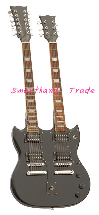 Handmade electric guitar double head black color and solid wood