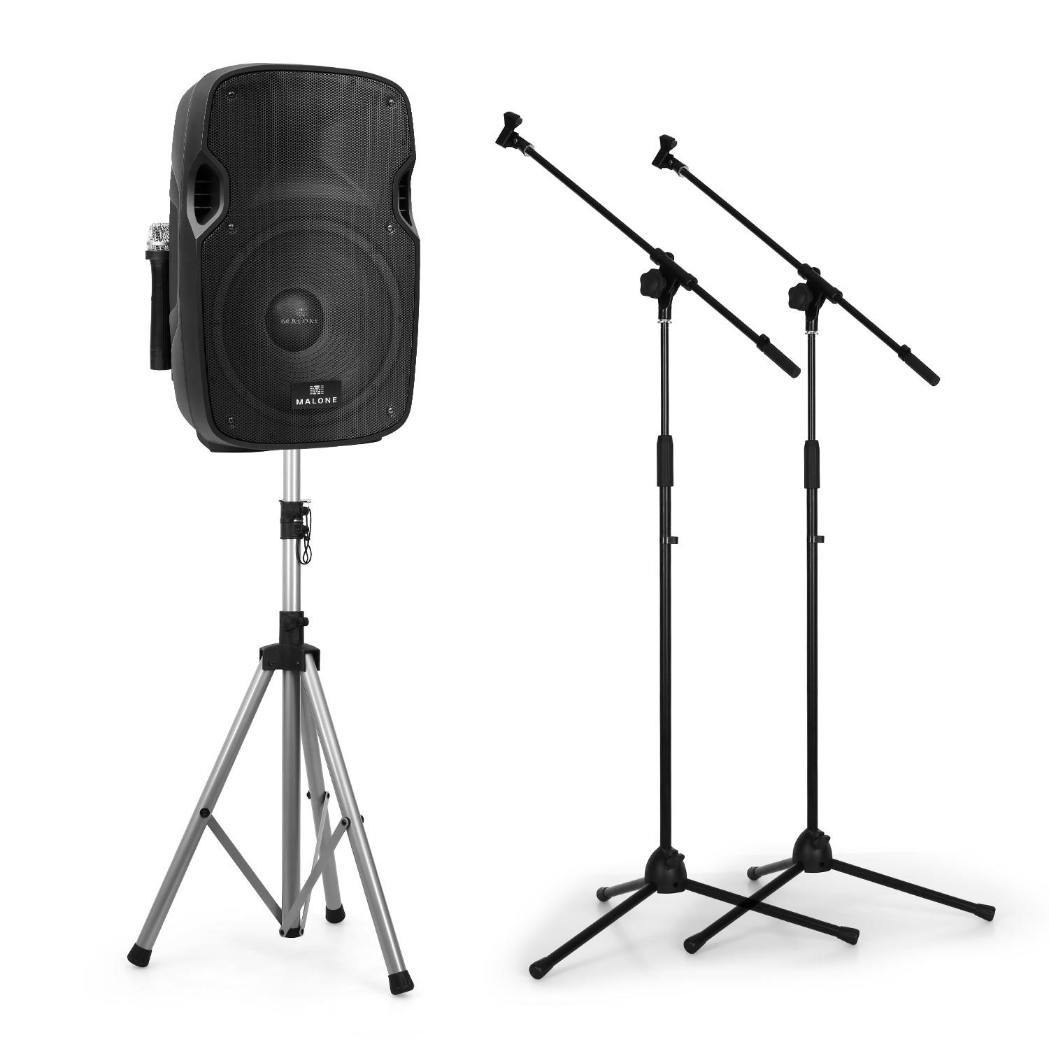 12" ACTIVE SPEAKER PA DJ BASS LCD REMOTE MOBILE 2 MIC STAND VHF MUSIC TRS RCA