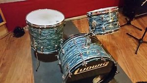 vintage ludwig 3 ply kit drum set blue oyster b/o olive 22, 12, 18 clear maple