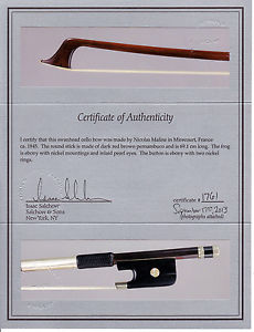 A fine, rare, old French certified cello bow by Nicolas Maline, 1845.