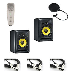 2 Black KRK ROKIT 8 G3 Speakers w/ C-1 Microphone, Pop Filter, and 3 XLR Cables